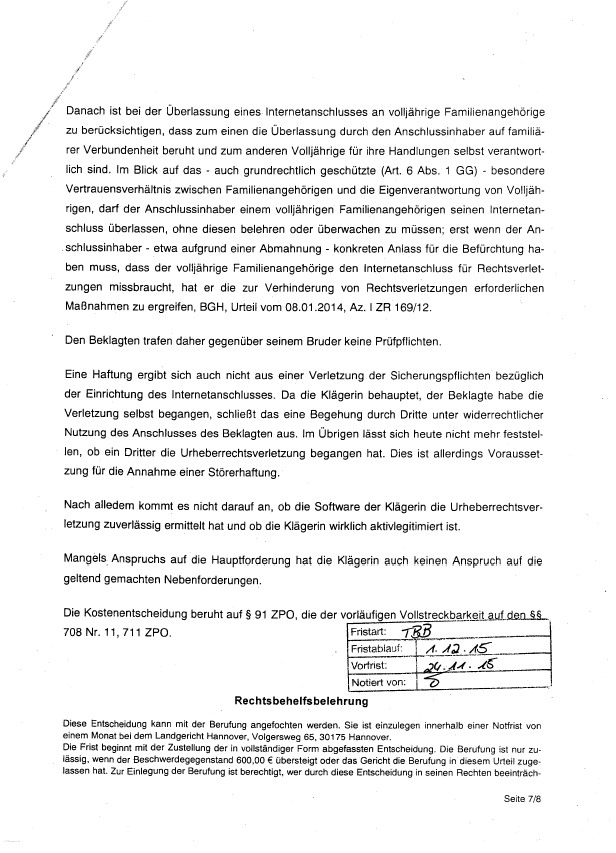 Gerichtsbescheid Auffassung des Amtsgericht Hannover